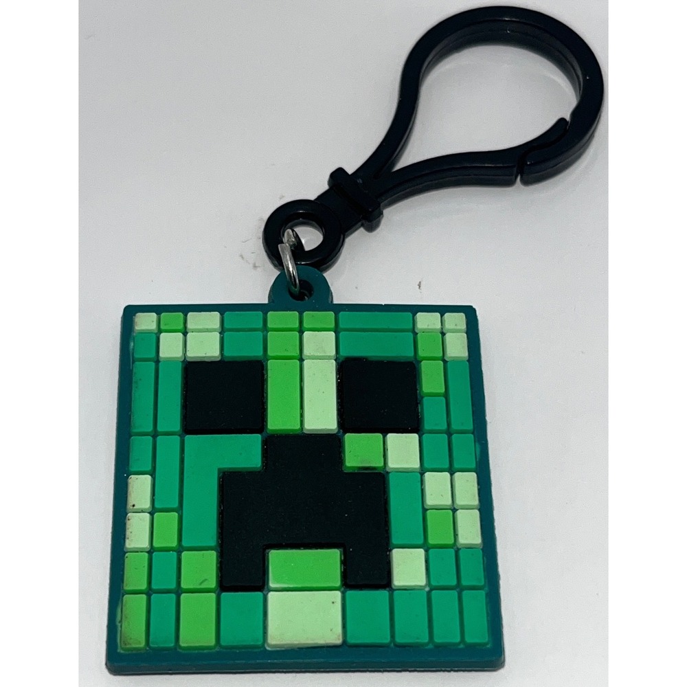 Minecraft Creeper Keychain Green Pixel Face Rubber Backpack Clip Gamer Accessory